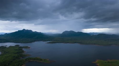 Aerial View of Tropical Lake and Mountains