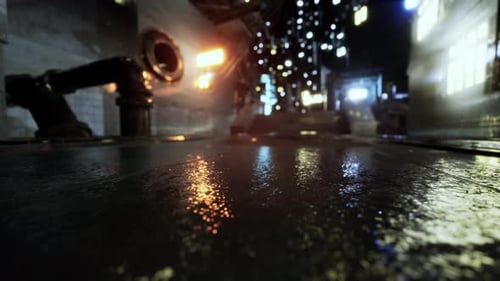 Futuristic Cyberpunk City Street at Night with Reflections