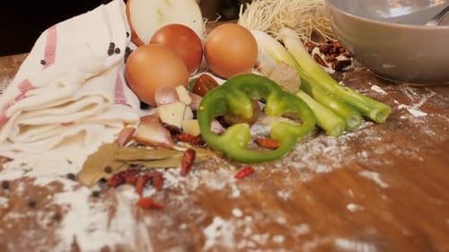 High Kitchen Homemade Pie Table with Ingredients Garlic Sour Eggs Restaurant Concept of Healthy Eco