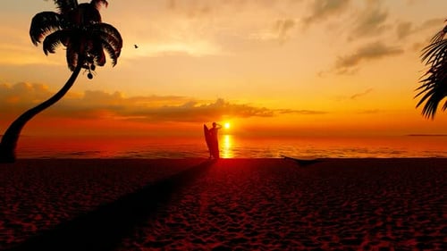 Blick auf den Sonnenuntergang am Meer und Strandsurfer