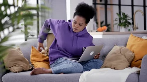 Happy Attractive African American Girl Working Office Work Remotely From Home Black Woman Using