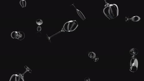 3D-Animation eines fallenden Weinglases auf transparentem Hintergrund.