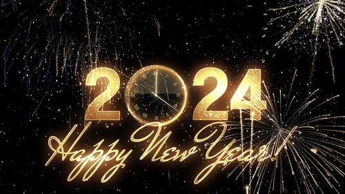 New Year 2024 Countdown with Golden Clock and Sparkling Fireworks
