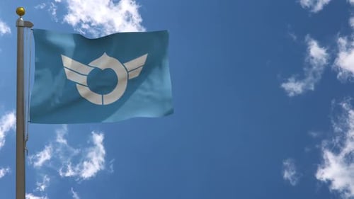 Realistic Waving Flag with White Corporate Geometric Symbol Against Blue Sky