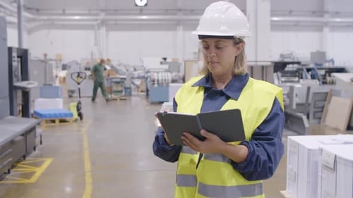 Middle Aged Female Factory Employee Working on Plant Floor