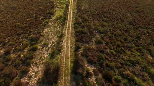 Aerial view of a dirt road winding through mountainous terrain