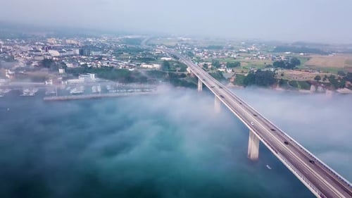 Aerial View on Dos Santos Bridge During Fog and Bay. Near Ribadeo in Northern Spain