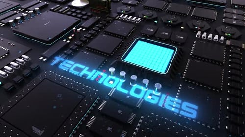technology header on the background of the chip with a large number of processors.