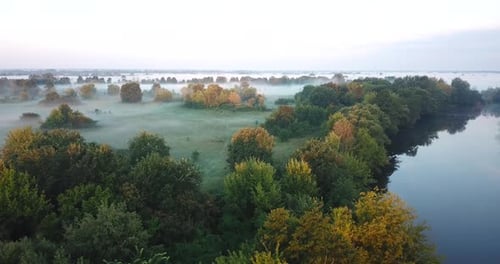 Aerial View of the Meadow and River Covered with Fog at Dawn
