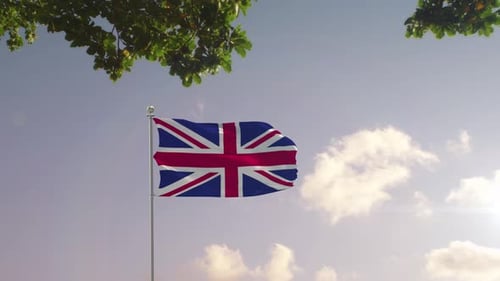 Waving United Kingdom Flag Over Modern City Skyline