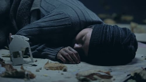 Man Putting Coins in Cup With Paper House, Homeless Vagabond Sleeping on Street