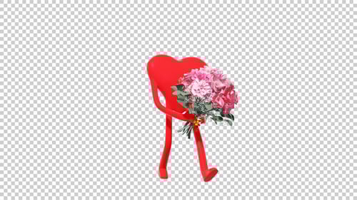 Animated 3D Red Heart Carrying Flower Bouquet