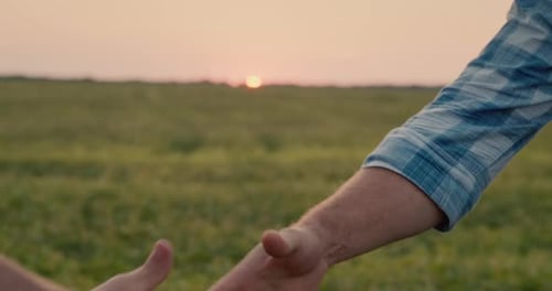 Farmers Shake Hands Against the Green Field Where the Sun Sets