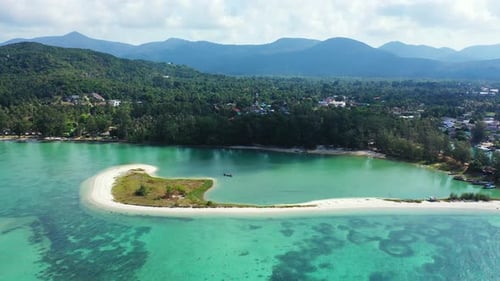 Aerial landscape Thailand. Azure seawater with uninhabited sandbank island, lush tropical forest and