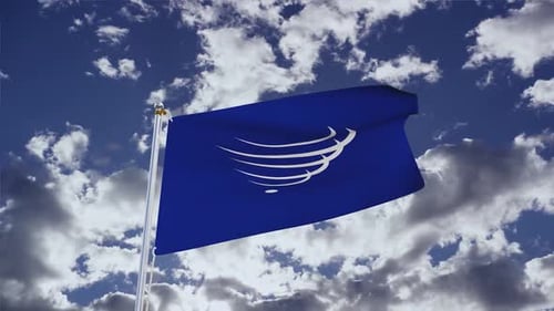 Blue Flag with Abstract Logo Waving in Blue Sky