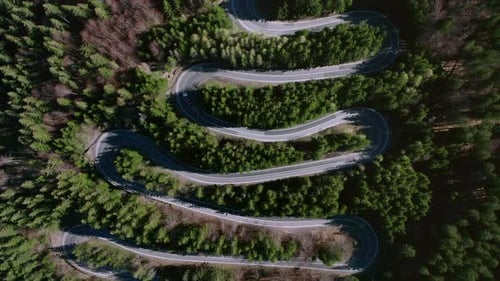 Vertical Top Shot Of Truck Driving On Curvy Winding Road Through Pine Forest. Serpentine Cheia Near