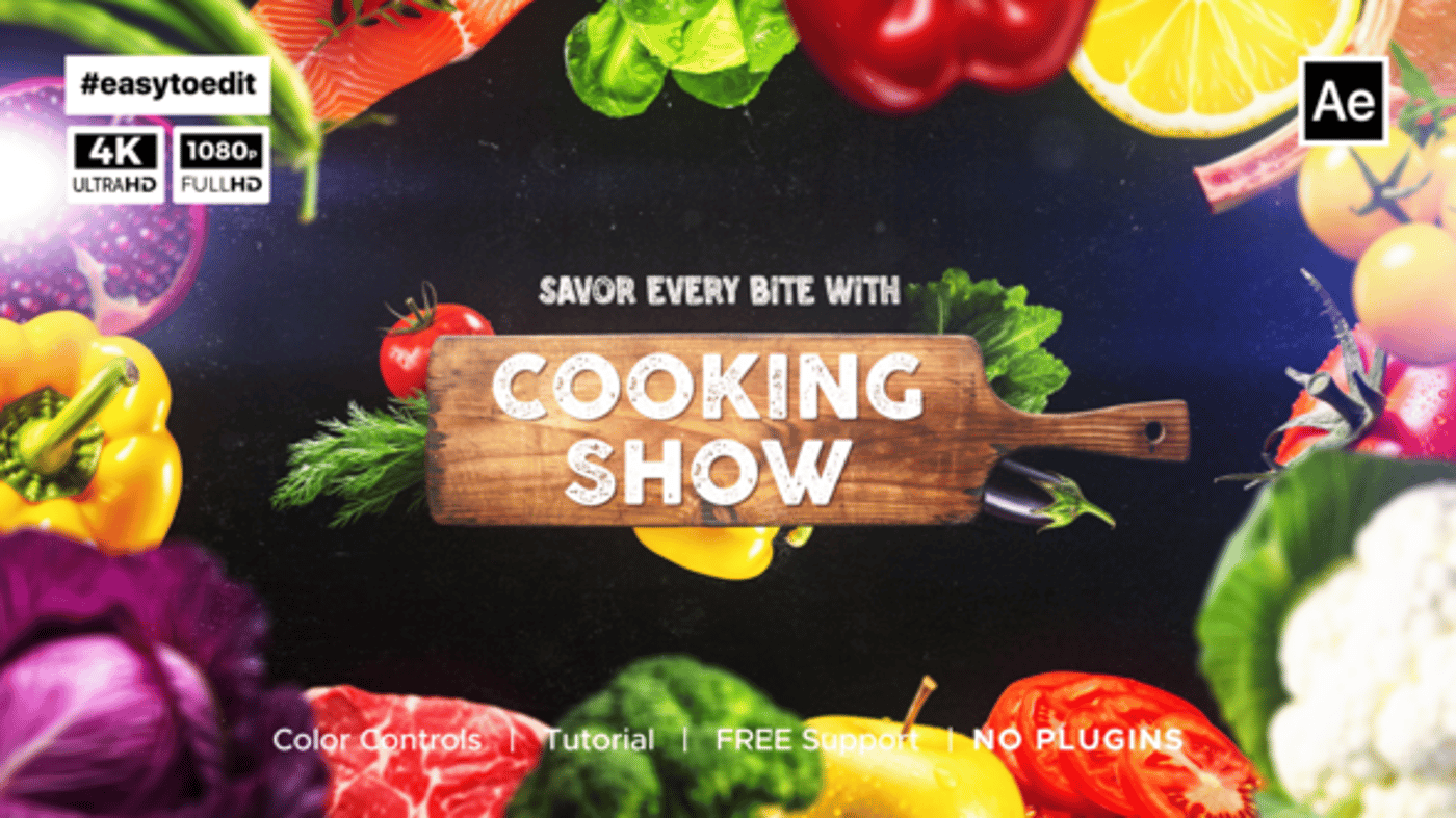 Fresh Food Cooking Show Intro with Textured Typography, Video Displays ...