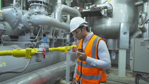 An engineer man or worker, people working in industry factory. Chiller tower or cooling tower