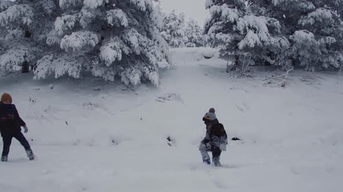 Kinder spielen Schneebälle.