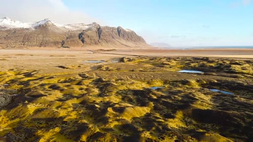 Magical Aerial Flight Over Iceland a Volcanic Landscape with Green Moss and Turquoise Lakes From a