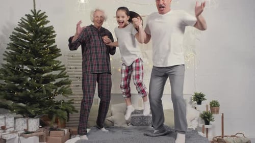 Cheerful Grandparents and Child Jumping on Bed at Christmas
