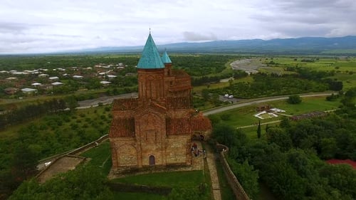 Aerial panoramic view of old Orthodox Gremi Church in Shilda village, Georgia