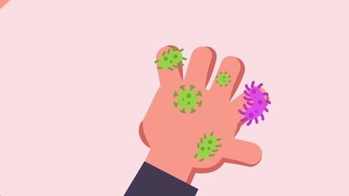 Garçon toucher son visage avec des virus et des microbes main