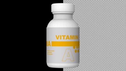 A bottle of Vitamin A capsules, Pills, Tablets, Alpha Channel, Looped, 3D Render