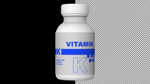 A bottle of Vitamin K capsules, Pills, Tablets, Alpha Channel, Looped, 3D Render