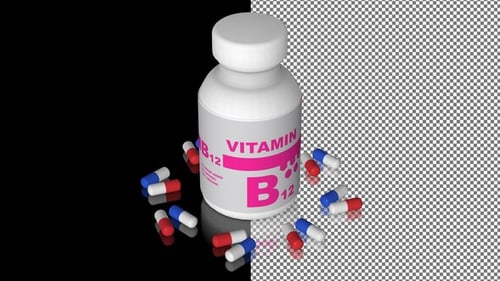 A bottle of Vitamin B12 capsules, Pills, Tablets, Alpha Channel, Looped, Mirror, 3D Render