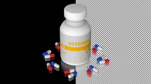 Eine Flasche mit Vitamin-A-Kapseln, Pillen, Tabletten, Alpha-Kanal, Looped, Spiegel, 3D-Render