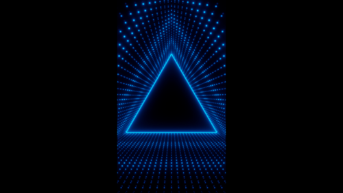 Vertical video blue neon triangle frame with waves of dots loop animation