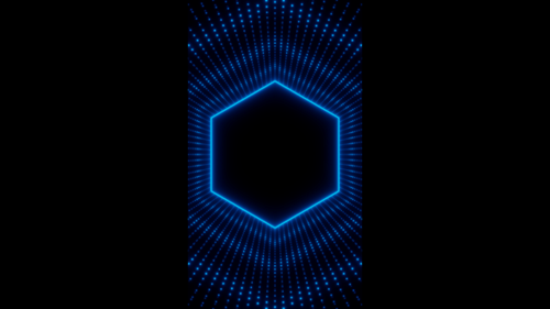 Vertical video blue neon hexagon frame with waves of dots loop animation