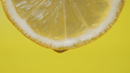 Close Up or Macro of a Slice of Lemon, a Drop of Water Falls in Slow Motion. Concept of Fresh Fruit