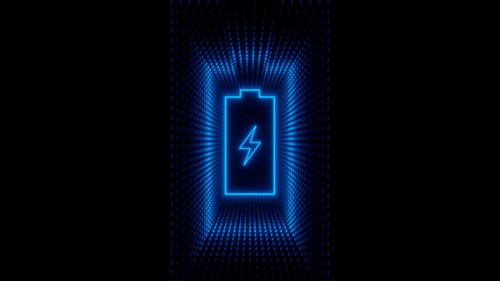 Vertical video blue neon battery with wave energy icons loop animation