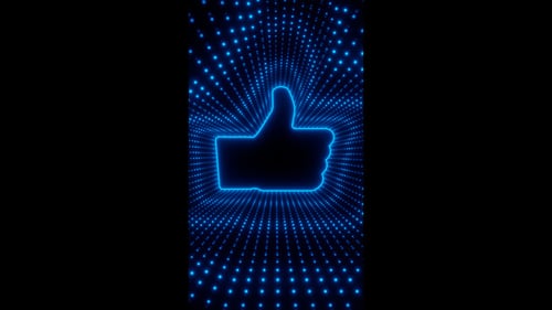 Vertical video blue neon thumb up sign with waves of dots loop animation