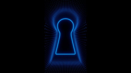 Vertical video blue neon keyhole with waves of dots loop animation