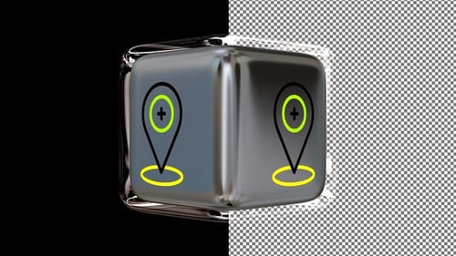 Animated Location Icon on a Glass Cube, Alpha Channel, Looped, Exclusive, 3D Render