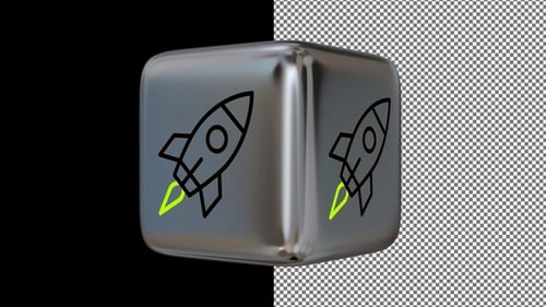 Animiertes Raketensymbol auf einem silbernen Würfel, Alpha-Kanal, geloopt, exklusiv, 3D-Render