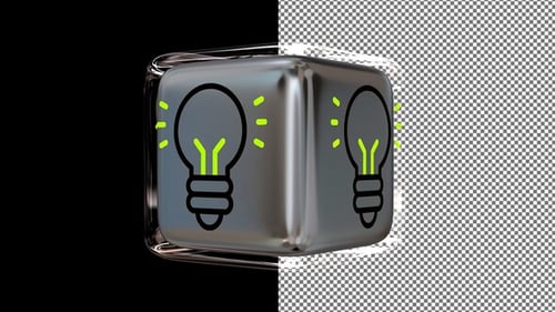 Animated Energy Icon on a Glass Cube, Alpha Channel, Looped, Exclusive, 3D Render