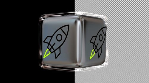 Animated Rocket Icon on a Glass Cube, Alpha Channel, Looped, Exclusive, 3D Render
