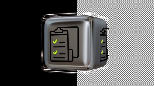 Animated Checklist Icon on a Glass Cube, Alpha Channel, Looped, Exclusive, 3D Render