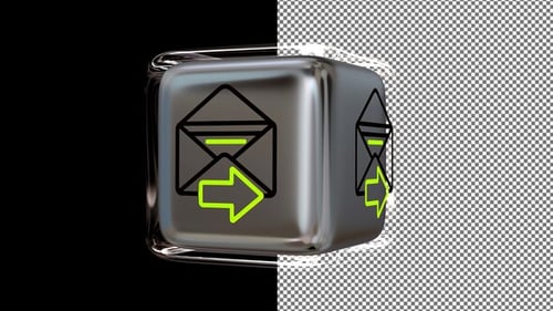 Animated Message Icon on a Glass Cube, Alpha Channel, Looped, Exclusive, 3D Render