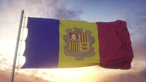 Andorra Flag Waving Against Beautiful Sunset Sky