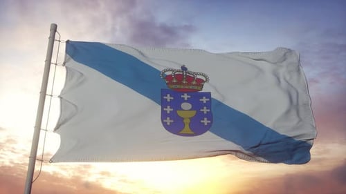 Flag of Galicia Waving with Religious Symbols at Sunset