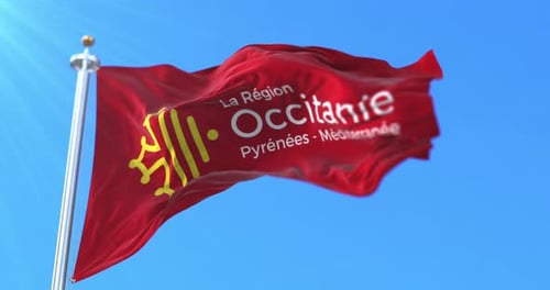 Realistic Occitanie Region Flag Waving Animation against Blue Sky