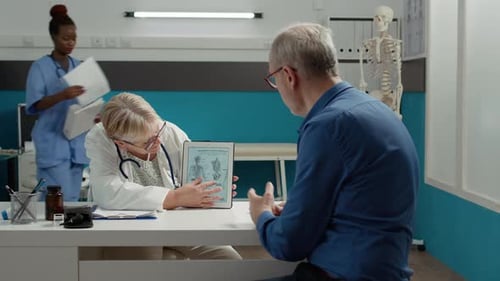 Doktor Osteopath erklärt Abbildung des menschlichen Skeletts