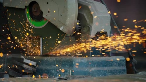 4K Asian man worker working on electric angle grinding machine cutting steel bar