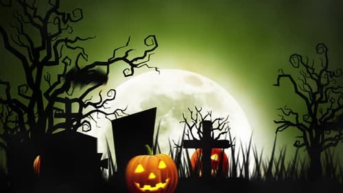 Animated Halloween Cemetery Scene with Glowing Jack-o-Lanterns