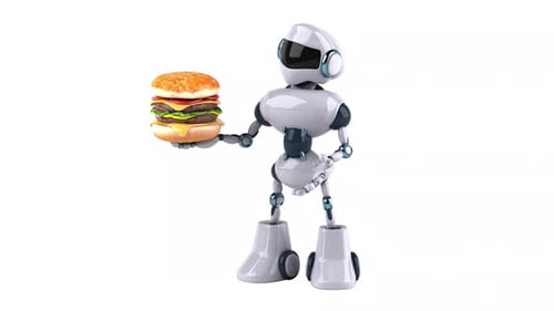 3D Animated Futuristic Robot Holding a Hamburger